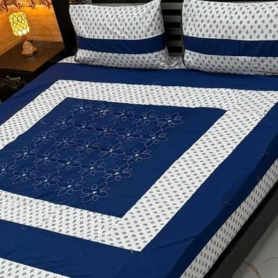 Premium 3 Pcs Embroidered Cotton Double Bedsheet Set