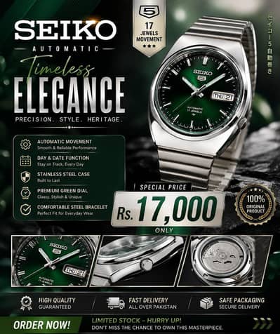 Seiko automatic green Dail 17 jewels watch