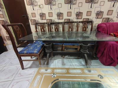 6-Seater Wooden Dining Table Set with Glass Top & 6 Chairs
