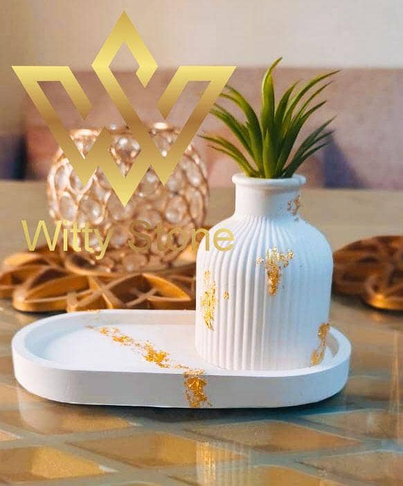 Beautiful Concrete Vase and Oval Tray | White colour vase and Oval Tray | Minimal design || Decorative vase and Oval tray| Home decor | Concrete Home decor | Dry flowers vase and Oval Tray | Witty Stone