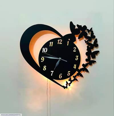 Premium 3D Wooden Wall Clock with Warm LED Light & Butterflies Art