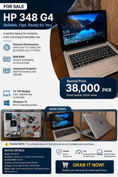 HP 348,G4 (Core i5, 7th generation, 8 GB ram, 128 GB ssd, original cha