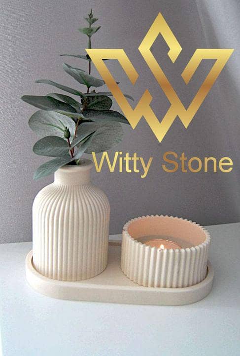 3 Pcs Deal, Vase Jar Ovel Tray 1x Ribbed Concrete Flower Vase, 1x Ribbed Concrete Trinket Storage Jar & 1x Oval Shaped Concrete Trinket Tray | Witty Stone