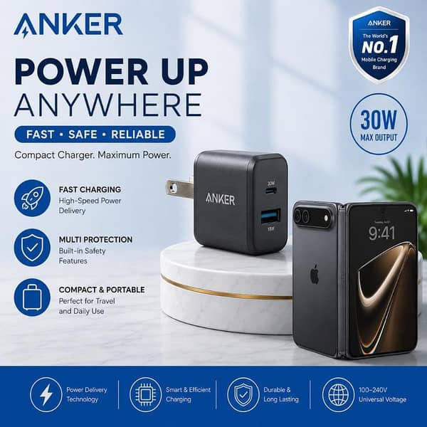 Anker 30W Dual Port Fast Charger USB-A + USB-C | Quick Charge 3.0 | Mobile Phone Charging Adapter