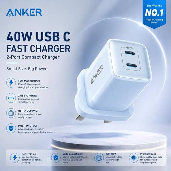 Anker 40W USB-C 2-Port Fast Charger | Compact Dual Port Charger | I P H O N E 17/16/15/14/13/12/11 Pro Max Galaxy S25/S24/S23 Pixel Google Motorola LG Compatible