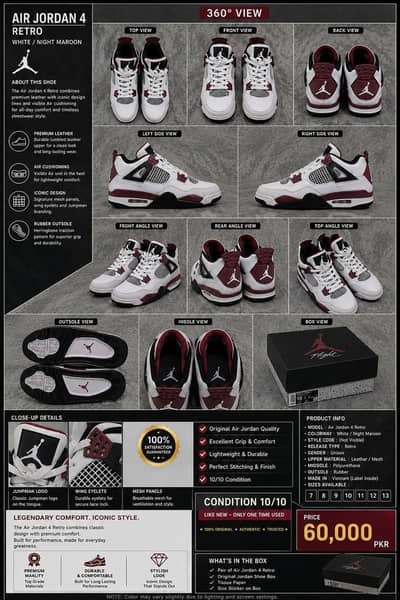AIR JORDAN 4 RETRO / size 7-13 / white and night maroon/ 10-10