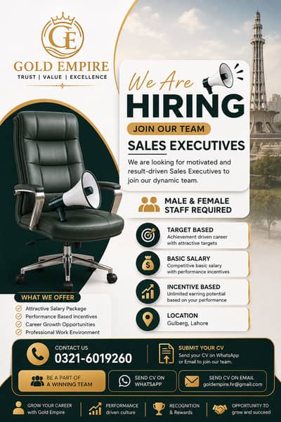 We Are Hiring – Male & Female Sales Executives | Gulberg Lahore