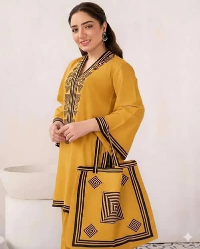 Beautiful Linen Printed Stitched 2 Piece Suit With Matching Handbag