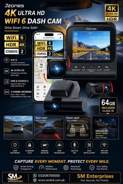 Jzones V630 4K 3CH Dashcam With 64GB Card