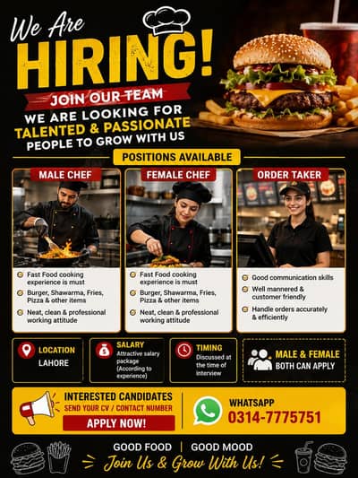 need for Master Chef and femal staff