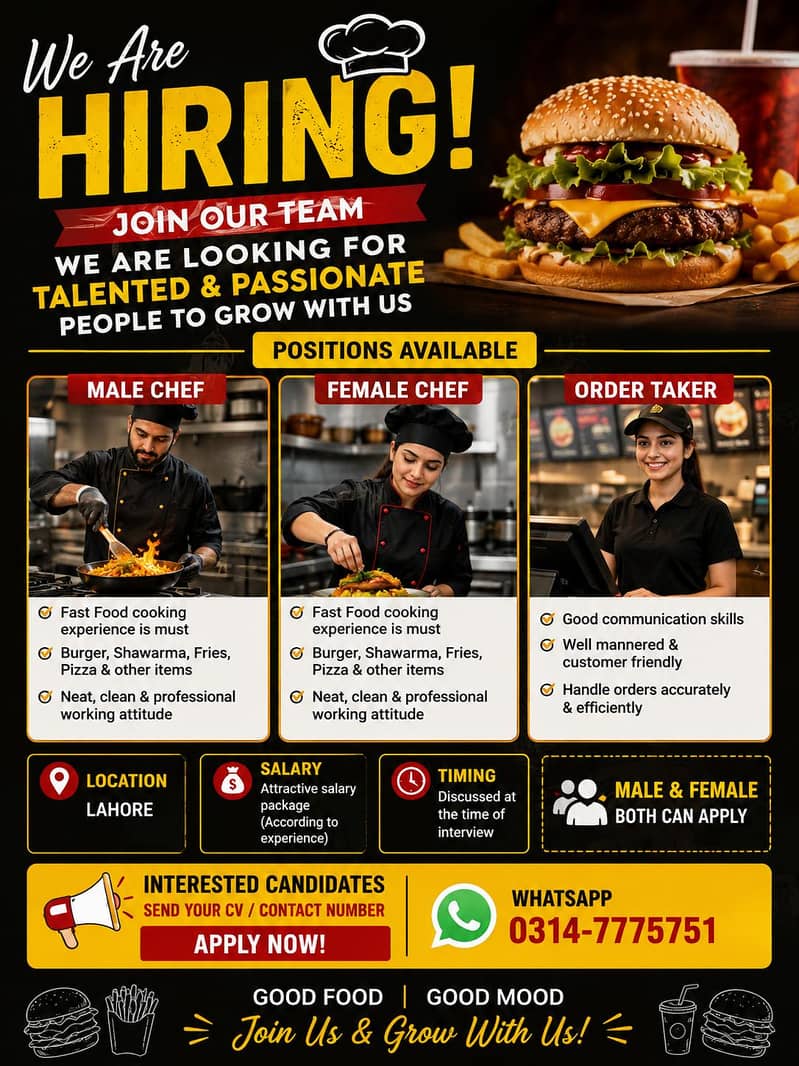 need for Master Chef and femal staff 0