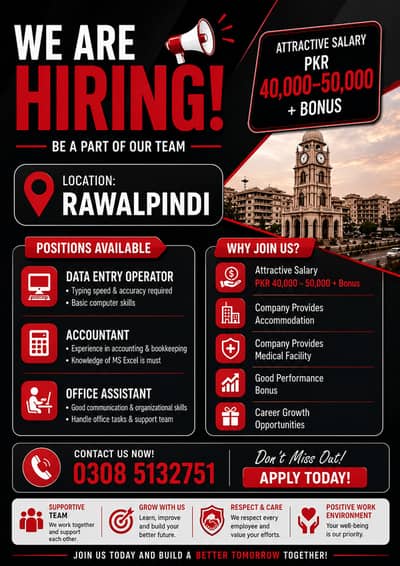 Jobs in Rawalpindi,islamabad 40K To 50K + Accomodation + Medical