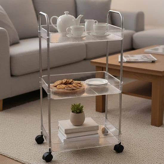3-Tier Clear Acrylic Fluted Rolling Utility Cart with Silver Handles