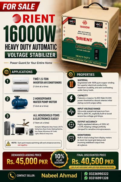 Orient 16000W Heavy Duty Automatic Voltage Stabilizer - 100% Copper