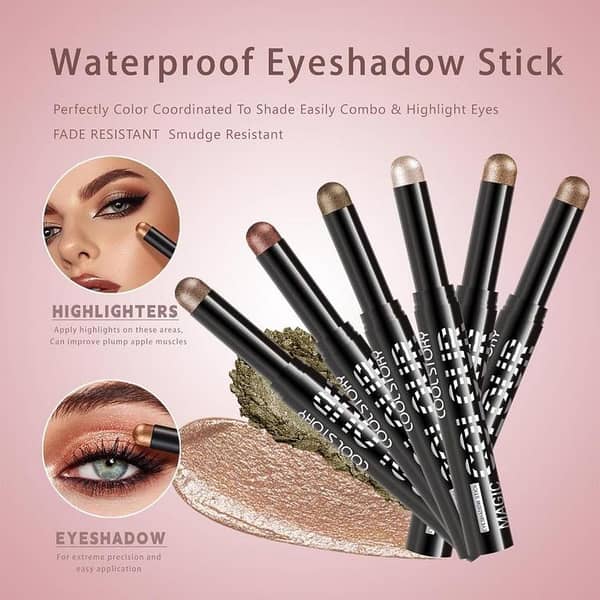 6 Colors Neutral Warm Gold Metallic Shimmer Eyeshadow Stick Set, Cream Glitter Eye Highlighter, Blendable Eye Brightening Contour Accent, Nude Earth Tone Eye Makeup Kit for Daily Party Festival Looks