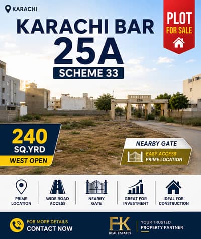 240 Sq. Yards West Open Plot for Sale Karachi Bar 25A, Scheme 33