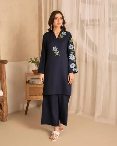 stuning black embroidered shirt with trouser set 2 pcs