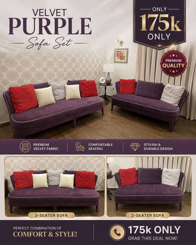 Luxury Velvet Purple Sofa Set | 3-Seater + 2-Seater |
