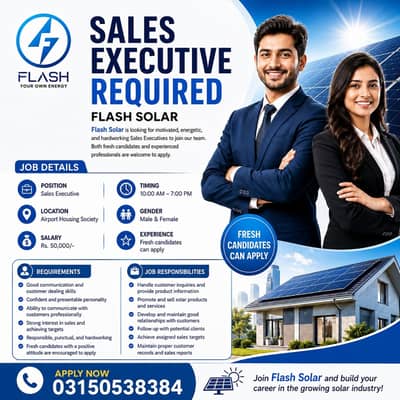 Sales Executive Required | Flash Solar | Male & Female | Jobs in Mult