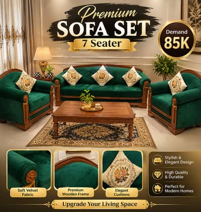 Premium 7-Seater Velvet Sofa Set with Solid Wooden Frame