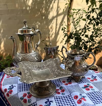 Antique-Style German Silver 4-Piece Tea Set & Centerpiece