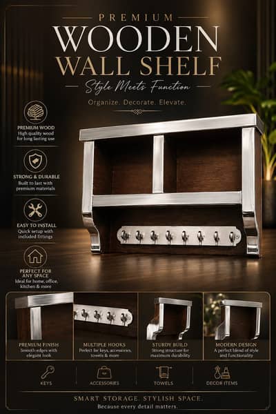 Wooden Key Stand Wall Mounted 8 Hooks - New Design