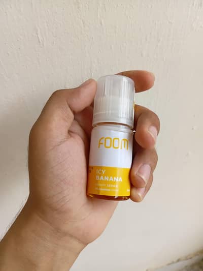 Foom Icy Banana e-liquid, 30ml bottle, Almost full.  Almost full