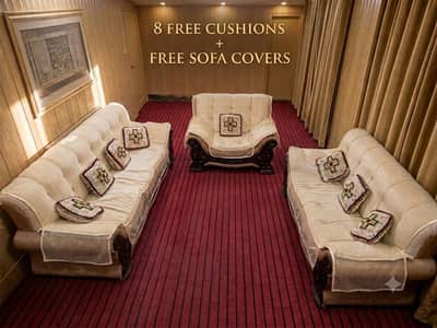 Luxury 8-Seater Carved Wooden Sofa Set with 8Cushions and free covers