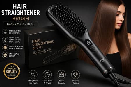 Hair Straightener Brush Black Metal Heat Control description