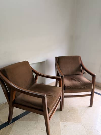 Pair of Solid Wood Lounge Armchairs – Brown Upholstery