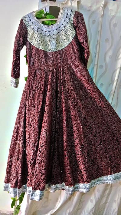 brown Long Net Maxi | Embroidered Neck | Party & Formal Wear