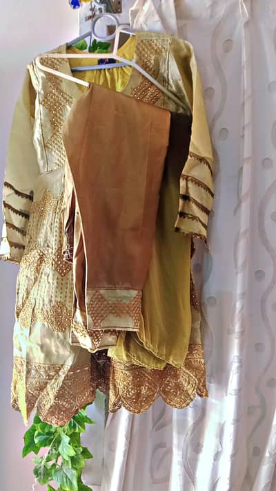 Golden Organza Frock 3-Piece | Shalwar + Rashmi Dupatta | Party Wear