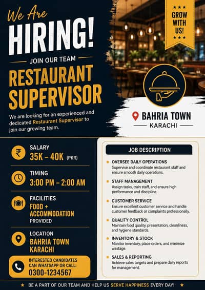 Hiring: Restaurant Supervisor | 35K–40K + Food & Accommodation