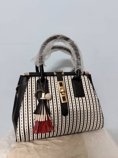 Brand New Black & White Striped Ladies Handbag | Top Handle Purse