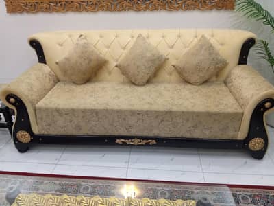 6-Seater Wooden Sofa Set with Imported Fabric & Tables – For Sale