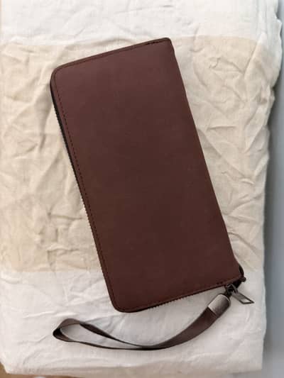 Brand New Brown Zip-Around Long Wallet / Clutch with Wrist Strap