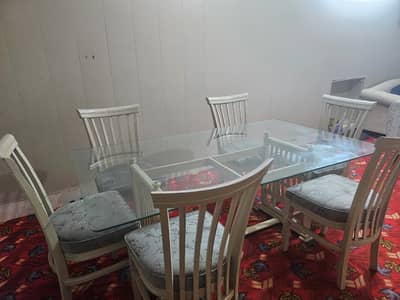 6-Seater Modern Glass Top Dining Table Set with Cushioned Chairs