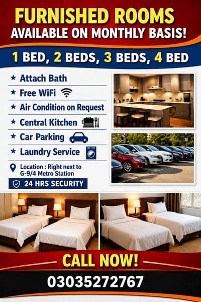  Furnished Rooms for Rent-Monthly | Right Next to G-9/4 Metro Stati