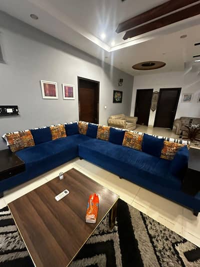 7-Seater Dark Blue L-Shape Sofa Set for Sale