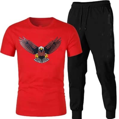 Men Cotton Eagle Print Track Suit Red Black
