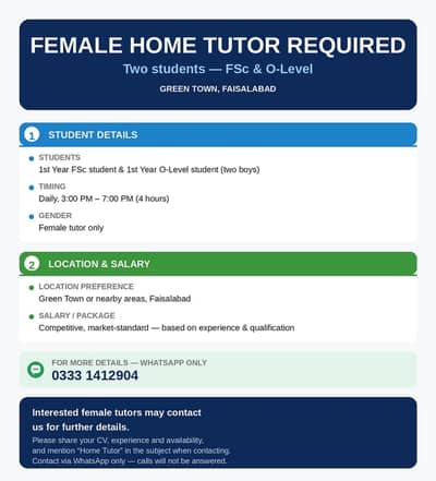 Qualified well-educated Female home tutor needed Green Town Faisalabad