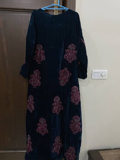 Two piece velvet long length shirt with net work raw silk trouser