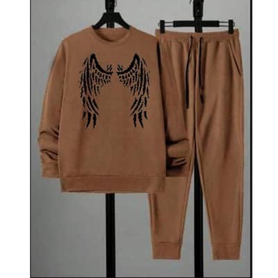 Men Fleece Angel Wings Track Suit Brown 2Pcs