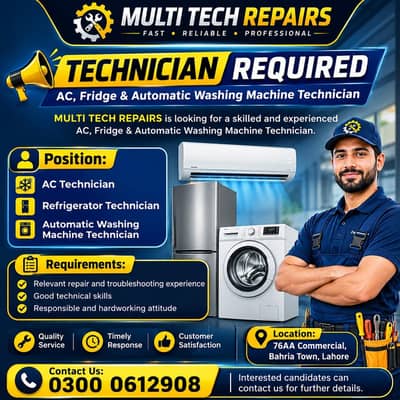 AC, Fridge & Automatic Washing Machine Technician Required | Jobs