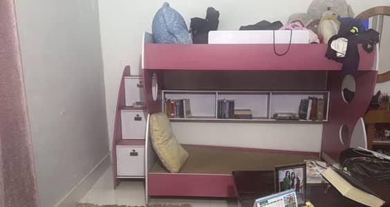 Pink and white bunk bed with drawers set and book shelf