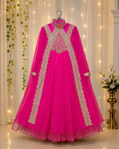 Beautiful Hot Pink Fancy Net Frock 3PC | Wedding & Party Wear