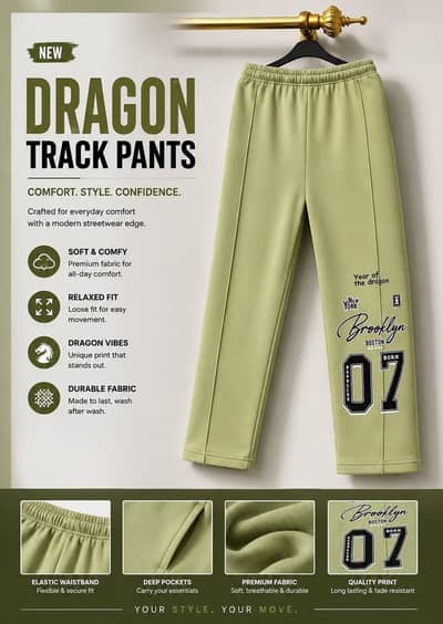Olive Green Graphic Track Pants – Trendy Streetwear