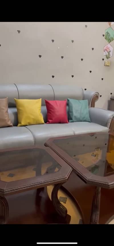 Light Grey Leather Sofa Set 3+2+1 with Cushions with 3 tables