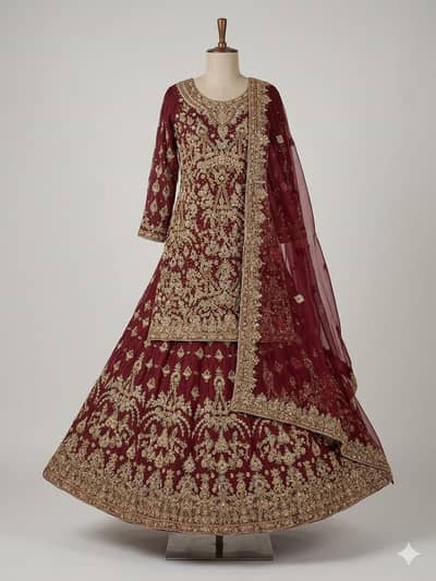 premium maroon bridal lehnaga set heavy gold zari and tilla work