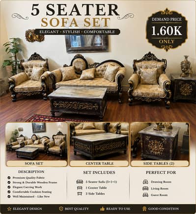 Luxury 5 Seater Sofa Set 1Center & 2 Side table  – Excellent Condition